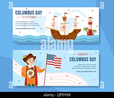 Happy Columbus Day Horizontal Banner Template Hand Drawn Cartoon Flat Illustration Stock Vector