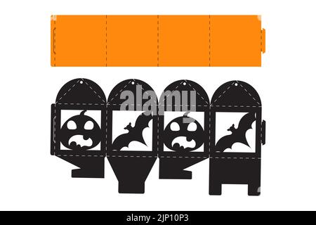 Halloween treat box with scary pumpkin. Jack-o-lantern facial gift party packaging for sweet, candies, small present, bakery. Simple package die cut t Stock Vector