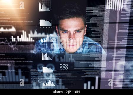 Serious, smart and creative web engineer or hacker busy coding at night with futuristic special effects. Young male computer designer working on a new Stock Photo