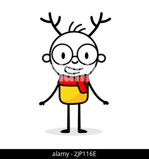 Man stands in red scarf and deer horns. Cartoon Christmas character concept. Isolated vector stock illustration. Stock Vector