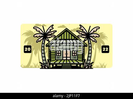 illustration badge design of a Wood house on the beach Stock Vector