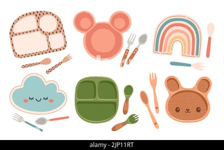 Kid tableware set children dish flat design vector Stock Vector