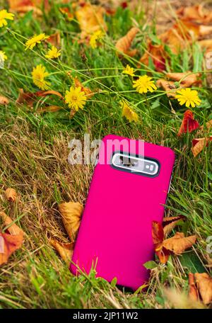 The phone is in a pink cover on a grass. Cellphone in red case isolated on natural background. Nobody, selective focus Stock Photo