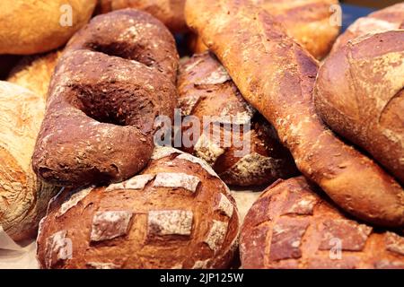 Varied bread loaves on a bakery shop counter. Selective focus. Stock Photo