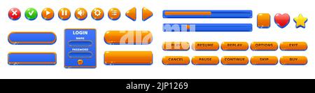 Game menu interface, ui buttons. Cartoon glossy gui elements, progress bar, user settings panel, slider, star, heart, pause and arrows login and password board blue and orange color, Vector icons set Stock Vector