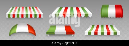 Awnings, italian shop tents, canopy, street market overhangs, sun shade shelters. Outdoor coverings with red, green and white stripes isolated on transparent background, Realistic 3d vector set Stock Vector