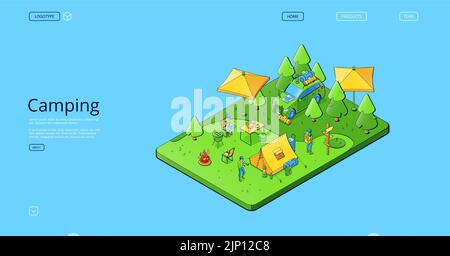 Camping isometric landing page, summer camp with people, car, campfire, tents, table, umbrella, barbecue and chairs in forest. Summertime vacation, traveling, hiking trip 3d vector line art web banner Stock Vector