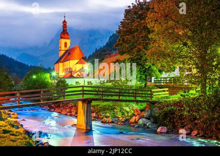 Ramsau, Bavaria. Autumnal scenery of Ramsau bei Berchtesgaden, Germany. Incredible seasonal view of St. Sebastian church. Stock Photo