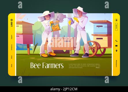 Bee farmers cartoon landing page, beekeepers work on apiary smoking honeycomb frame with smoker. Apiarists workers care of hives, insects and honey on natural farm at summer time, Vector web banner Stock Vector