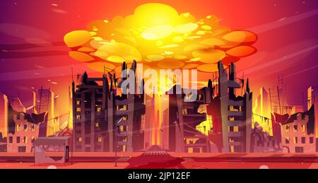 Nuclear war explosion mushroom rising up in city metropolis. Fiery cloud of atomic bomb detonation over broken skyscraper buildings front view. Destroyed town cityscape, Cartoon vector illustration Stock Vector