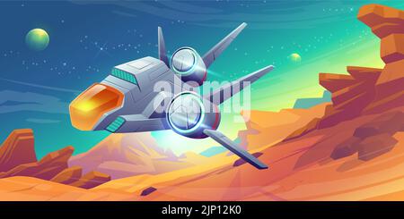 Spaceship take off from alien planet, space shuttle flying over ...