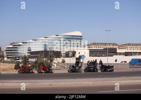 Baku. Azerbaijan. 09.11.2020. The bikers have stopped their motorcycles, are talking. Stock Photo