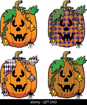 cartoon halloween pumpkin in various patterns Stock Vector