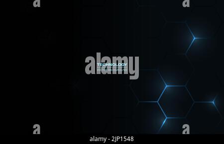 Black abstract technology background with neon blue hexagonal lines. Tech gaming hexagon vector abstract honeycomb background. Stock Vector
