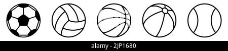 Ball linear icons. Set of different ball icons. Sport symbols. Black vector illustration. Stock Vector