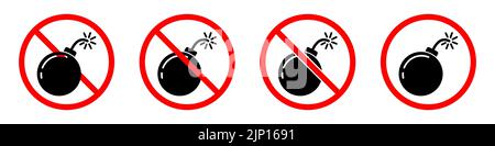 Exploding bombs prohibition sign. Bombs ban signs set. No explosion sign. Vector illustration. Stock Vector