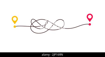 Complicated way and simple path from point A to B. Plans and real life chaos simplifying. Curved dashed line. Vector illustration Stock Vector
