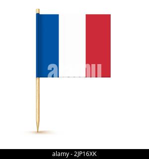 France toothpick flag isolated on wood stick with white paper. Realistic little tooth pick for lunch. Vector cocktail decoration Stock Vector
