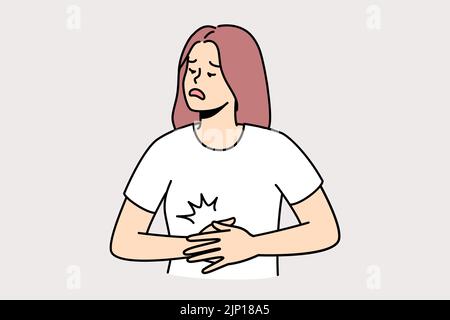 Unhealthy young woman suffer from acute stomachache. Unwell female struggle with belly pain or spasm. Healthcare. Vector illustration.  Stock Vector