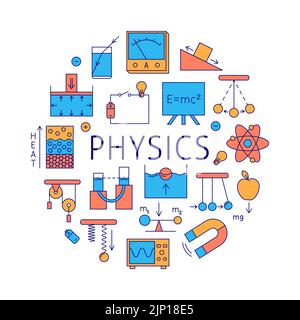 Physics science round poster in colored line style. Banner with physical symbols. Vector illustration Stock Vector