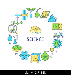 Science round banner in colored line style. Poster with scientific elements. Vector illustration. Stock Vector