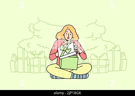 Happy child sitting near fir-tree open presents on Christmas Eve. Smiling kid feel joyful unpacking gift boxes for New Year. Winter holidays. Vector illustration.  Stock Vector