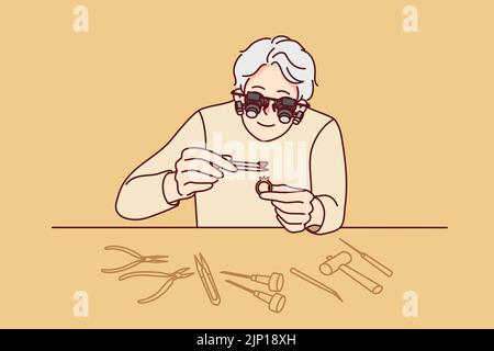 Jeweler in glasses working with rings and diamonds. Old man work with gems for jewelry at workplace. Vector illustration.  Stock Vector