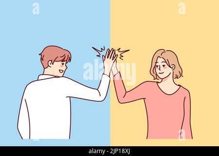 Happy man and woman give high five. Smiling people greeting outdoors. Body language and nonverbal communication. Vector illustration.  Stock Vector