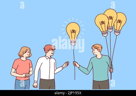 Man with lightbulbs in hands giving bulbs to people. Businessman offer creative business ideas to employees. Solution and problem solving. Vector illustration.  Stock Vector