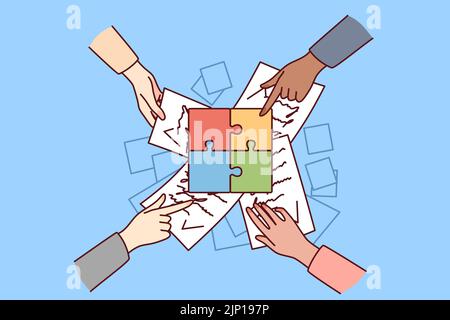 Businesspeople join jigsaw puzzles together engaged in team work in office. Employee cooperate solve busyness problems find solution. Teamwork. Vector illustration.  Stock Vector