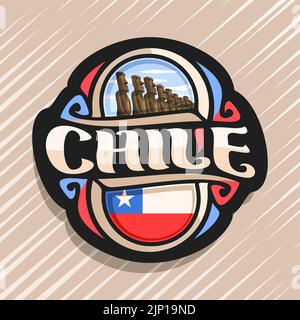 Vector logo for Chile country, fridge magnet with chilean state flag, original brush typeface for word chile and national chilean symbol - stone moai Stock Vector