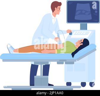 Doctor examining patient with sonography semi flat color vector characters Stock Vector