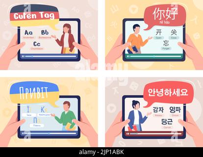 Learning languages online flat color vector illustrations set Stock Vector