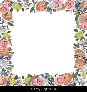 Vector floral frame. Roses and peonies arranged in border on white background Stock Vector