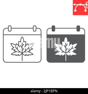 Thanksgiving day calendar line and glyph icon, maple leaf and holiday, autumn calendar vector icon, vector graphics, editable stroke outline sign, eps 10. Stock Vector
