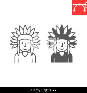Native American line and glyph icon, indian man and headdress, Native American vector icon, vector graphics, editable stroke outline sign, eps 10. Stock Vector