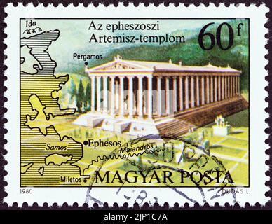 HUNGARY - CIRCA 1980: A stamp printed in Hungary from the 'Seven Wonders of the Ancient World' issue shows the Temple of Artemis, Ephesus Stock Photo