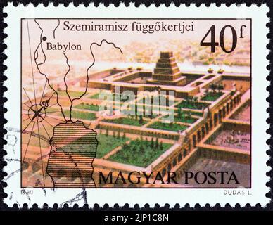 HUNGARY - CIRCA 1980: A stamp printed in Hungary from the 'Seven Wonders of the Ancient World ' issue shows the Hanging Gardens of Babylon. Stock Photo