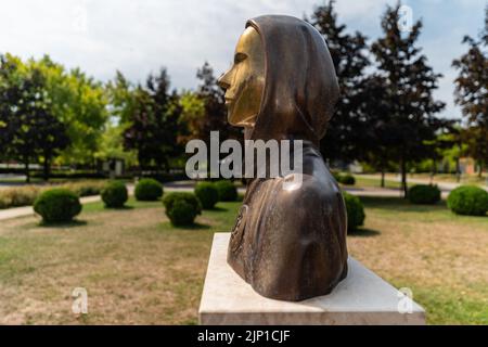 Budapest, Hungary -August 7, .2022:  Portrait of the statue of Satoshi Nakamoto mysterious founder of Bitcoin and Blockchain technology in; created by Stock Photo