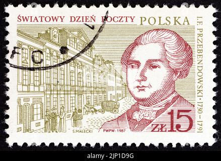 POLAND - CIRCA 1987: A stamp printed in Poland shows Warsaw Post Office and Postmaster General Ignacy Franciszek Przebendowski, circa 1987. Stock Photo