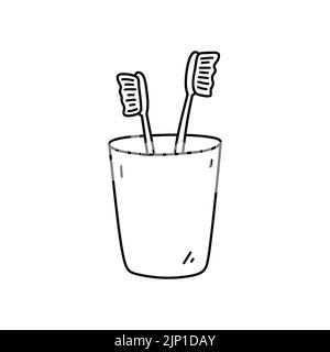 Toothbrushes in a cup isolated on white background. Oral hygiene. Vector hand-drawn illustration in doodle style. Perfect for decorations, logo, various designs. Stock Vector