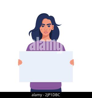 Woman holding blank protesting placard. Person with empty banner. Banner, manifesting activists demonstrating sign. Street demonstration concept. Poli Stock Vector