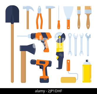Collection of working tools. Repair and construction tools icon set. Hammer, pliers, chisel, file, screwdriver, shovel, axe, wrench, saw, drill ruler Stock Vector