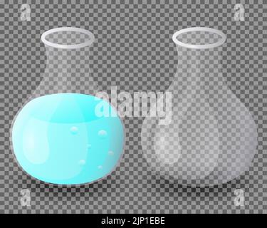 Empty flask and with liquid isolated on transparent background. Glass flask. Back to school. Chemical equipment. Vector illustration. Stock Vector