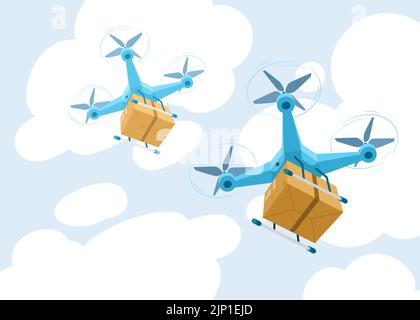 Drone for air delivery. Delivery flying robot drones, express robot shipment concept. Modern technologies in cargo transportation. Cartoon vector illustration. Stock Vector