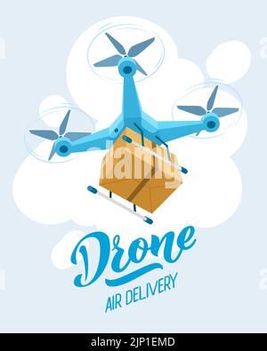 Drone for air delivery. Delivery flying robot drones, express robot shipment concept. Modern technologies in cargo transportation. Cartoon vector illustration. Stock Vector
