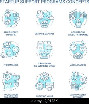 Startup support programs turquoise concept icons set Stock Vector