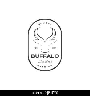 minimal buffalo head horn vintage badge logo Stock Vector