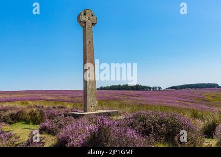 Millennium Cross, erected by local residents to mark Year 2000 above Rosedale Abbey, North Yorkshire Moors, UK, in summer time when the heather is in Stock Photo