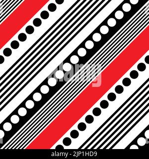 Seamless Diagonal Stripe and Circle Pattern. Vector Black and Red Background. Abstract Wrapping Paper Texture Stock Vector